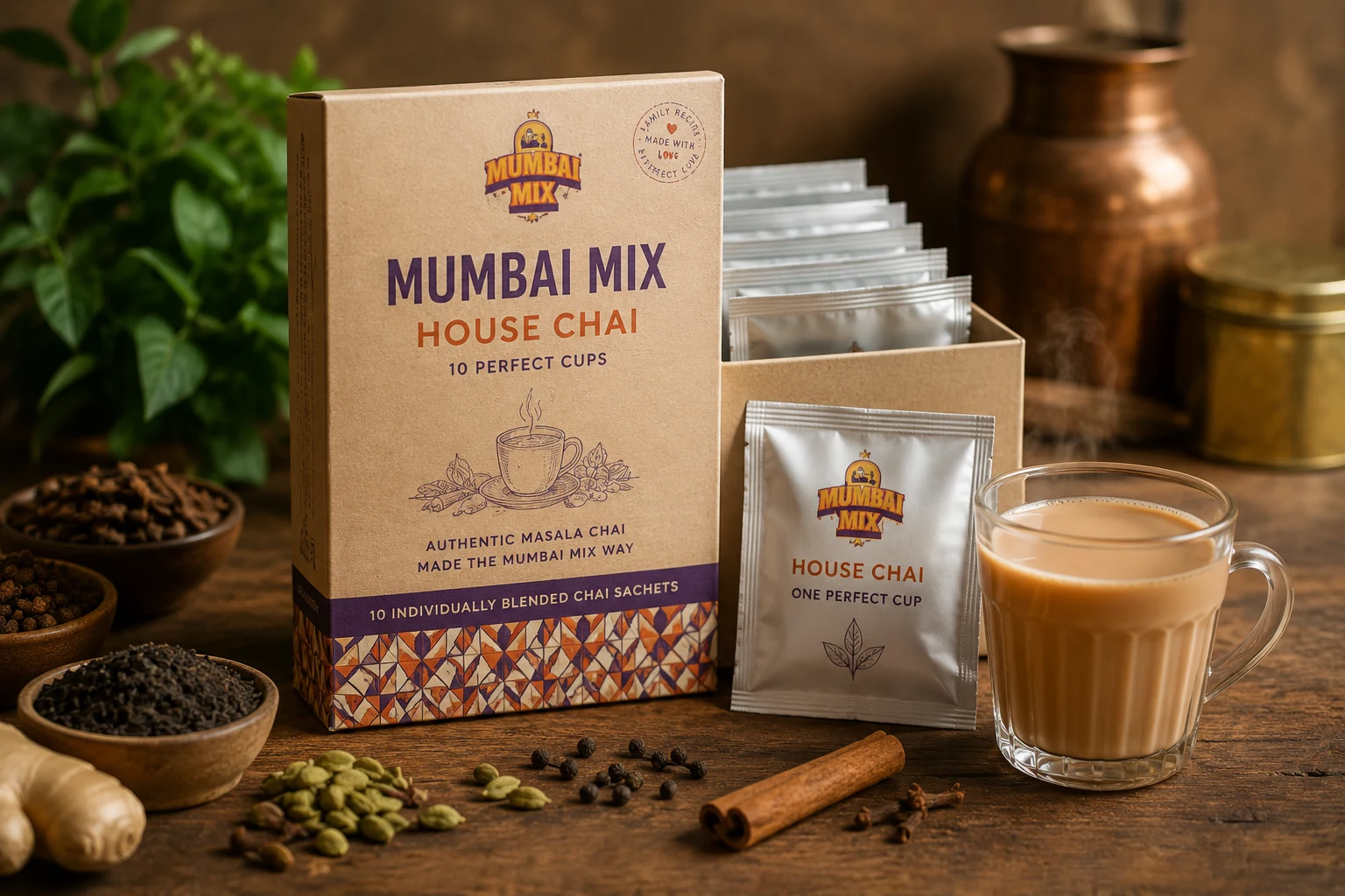 Mumbai Mix House Chai kraft box with individually sealed sachets, whole spices and a cup of brewed chai